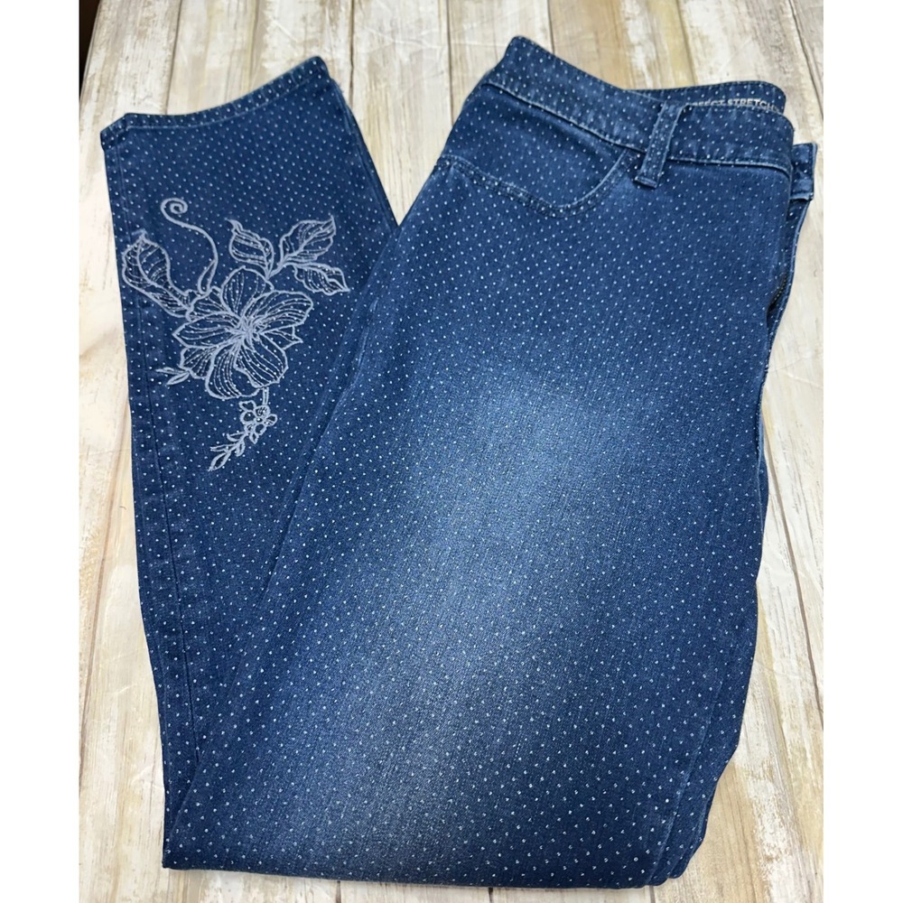 Chicos Perfect Stretch Girlfriend Slim Leg Ankle Jeans Polka Dot size 0 (U.S. 4)